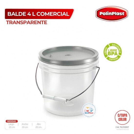 BALDE 4 LT COMERCIAL TRANSPARENTE C/TAPA COLOR