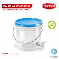 BALDE 4 LT COMERCIAL TRANSPARENTE C/CAÑO C/TAPA COLOR