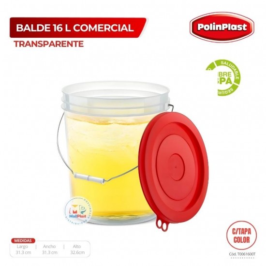 BALDE 16 LT COMERCIAL NEW TRANSPARENTE C/TAPA COLOR C/ASA DE METAL