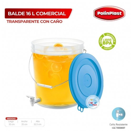 BALDE 16 LT COMERCIAL NEW TRANSPARENTE C/CAÑO C/TAPA COLOR C/ASA DE METAL