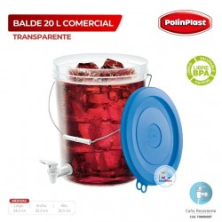 BALDE 20 LT COMERCIAL TRANSPARENTE C/CAÑO C/TAPA COLOR C/ASA DE METAL