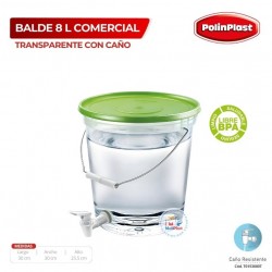 BALDE 8 LT COMERCIAL TRANSPARENTE C/CAÑO C/TAPA COLOR