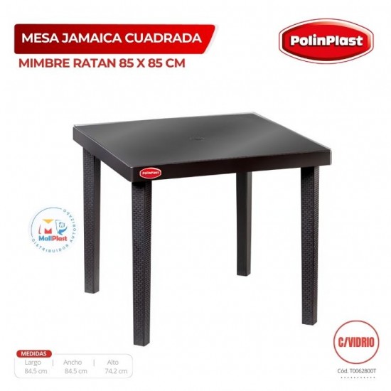 MESA JAMAICA CUADRADA MIMBRE RATAN 85 x 85 CM C/VIDRIO