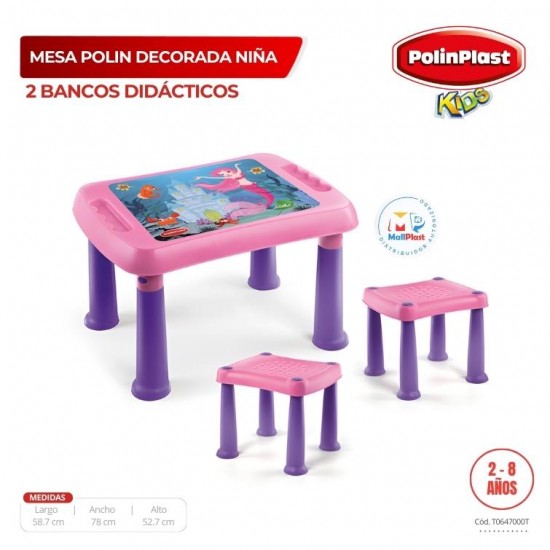 MESA POLIN DECORADA NIÑA + 2 BANCOS DIDACTICOS