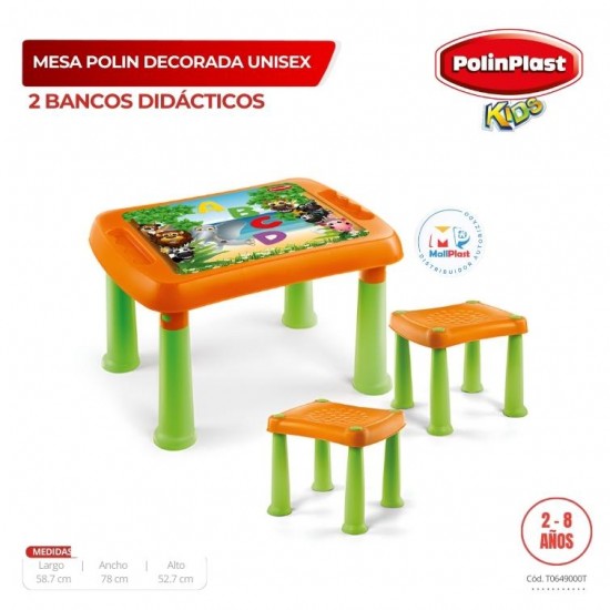 MESA POLIN DECORADA UNISEX + 2 BANCO DIDACTICO