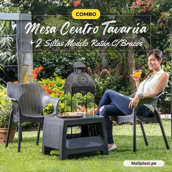 Combo Mesa de Centro Tavarúa 50 x 50 C/Vidrio Templado + 2 Sillas Modelo Ratán C/Brazos