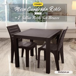 Combo Mesa Roble Cuadrada 80 x 80 + 2 Sillas Roble S/Brazo