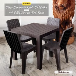 Combo Mesa Roble Con Ratán Cuadrada 80 x 80 + 4 Sillas Tavarúa Modelo Ratán