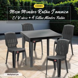 Set Mesa Mimbre Ratán Jamaica C/Vidrio + 4 Sillas Mimbre Ratán