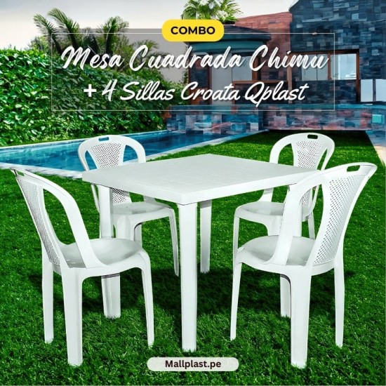 Combo Mesa Cuadrada Chimu + 4 Sillas Croata Qplast