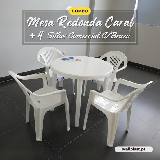 Combo Mesa Redonda Caral + 4 Sillas Comercial C/Brazo