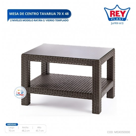 MESA DE CENTRO TAVARUA 70 X 48 CM DOS NIVELES MOD. RATAN C/VIDRIO TEMPLADO