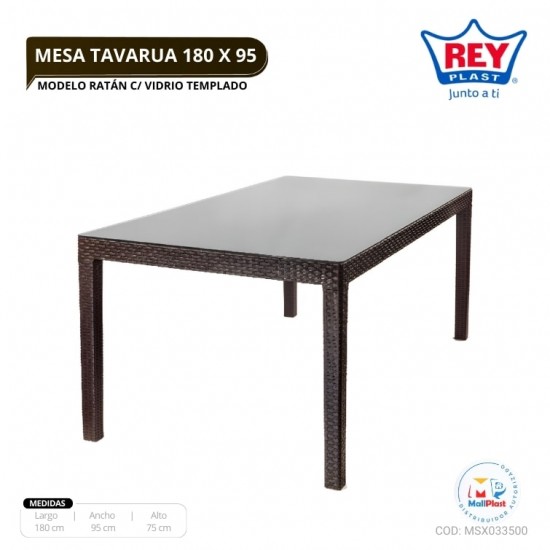 MESA TAVARUA 180 X 95 MODELO RATAN C/ VIDRIO TEMPLADO