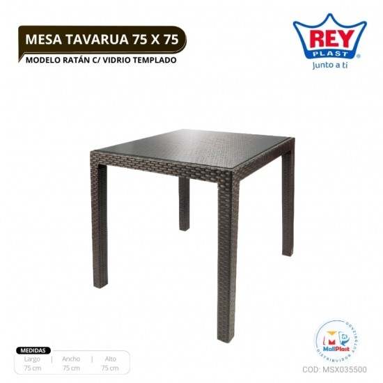 MESA TAVARUA 75 X 75 MODELO RATAN C/ VIDRIO TEMPLADO